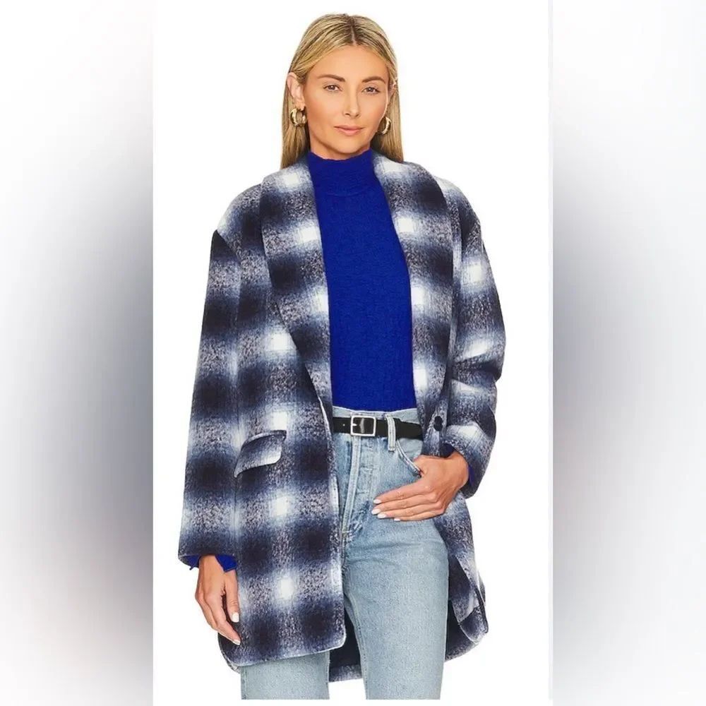 Steve Madden Zoey Brushed Plaid Jacket Peacoat Navy XS NWT